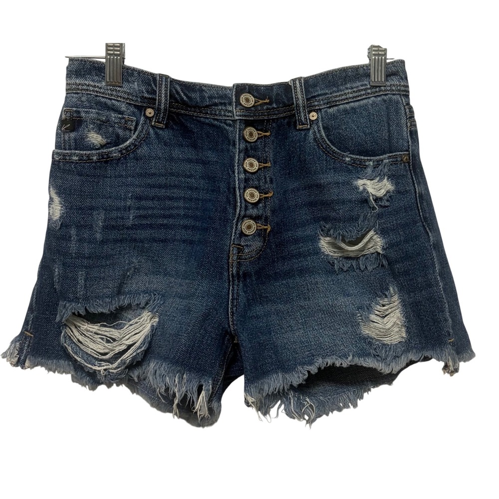 KanCan Maurices Distressed High Rise Button Fly Denim Shorts Dark Wash Size 25